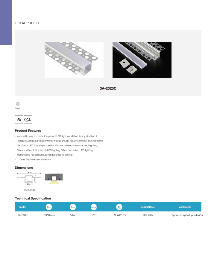 3A Lighting Plasterboard Recessed LED Channel 3M