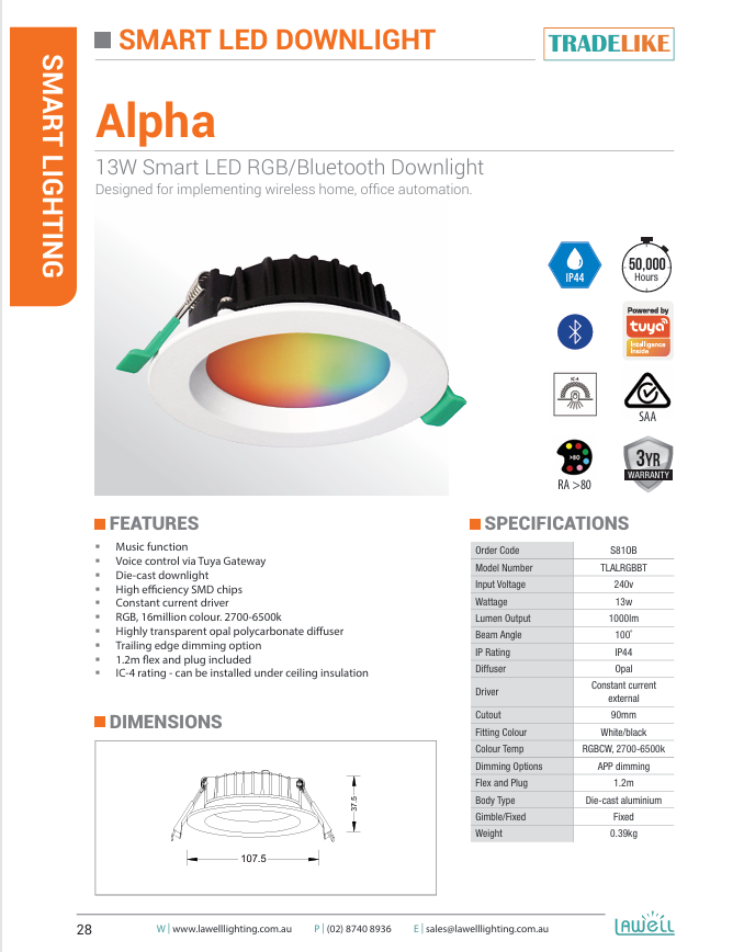 Lawell Lighting ALPHA 13W Smart RGB Bluetooth Downlight