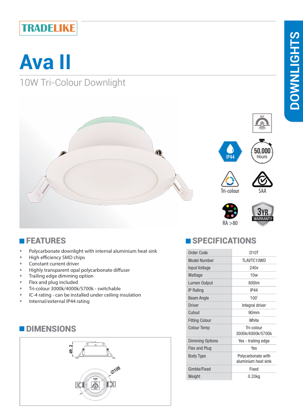 Lawell Lighting AVA 10W Tri-Colour Downlight
