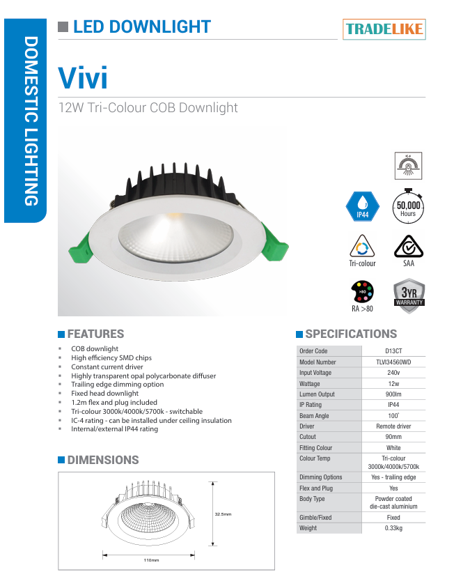 Lawell Lighting VIVI 12W COB Tri-Colour Downlight