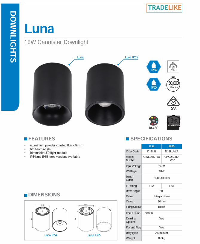 Lawell Lighting LUNA 18W Cannister Downlight