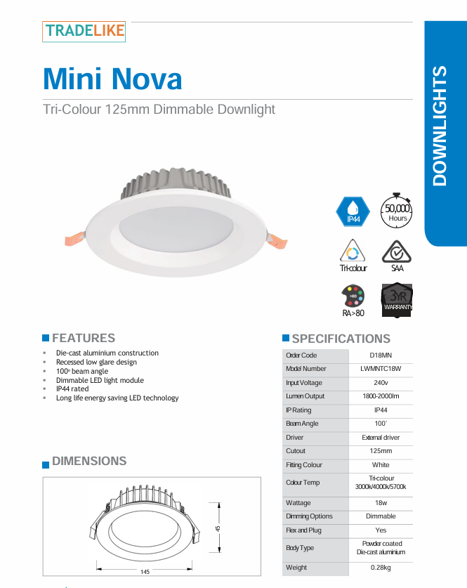 Lawell lighting 18W 125mm Recessed Tricolour Downlight