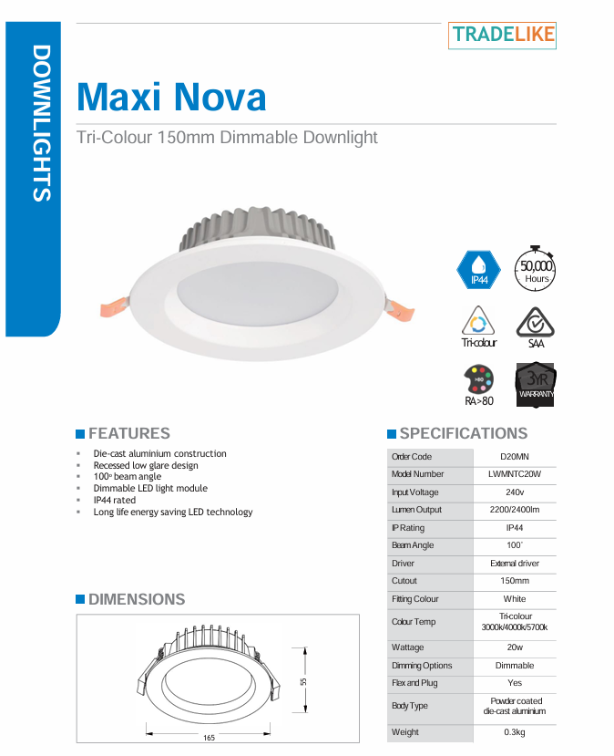 Lawell lighting 13W 150mm Recessed Tricolour Downlight