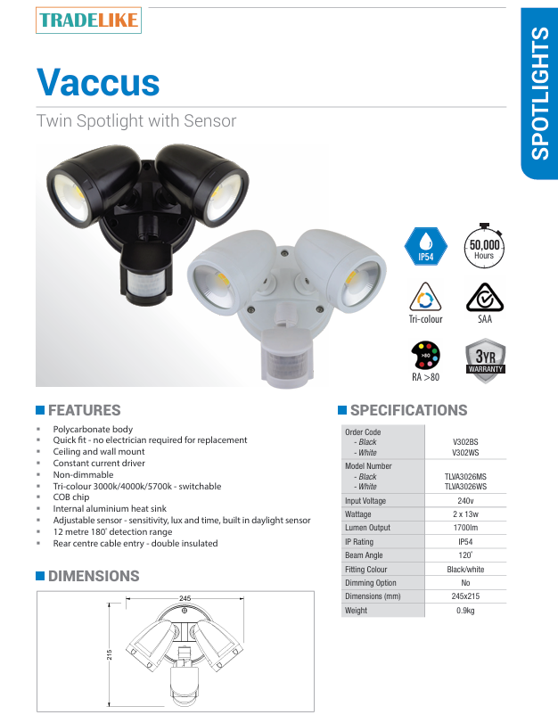 Lawell Vaccus Double Spot with Sensor Quick Fit TC Black