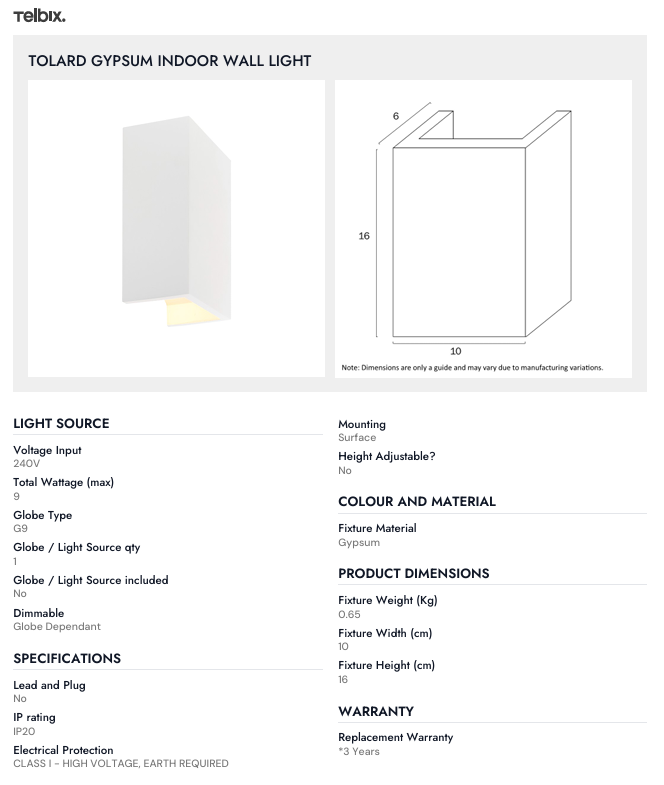 Telbix TOLARD GYPSUM INDOOR WALL LIGHT