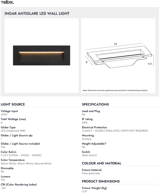 Telbix INGAR ANTIGLARE LED WALL LIGHT