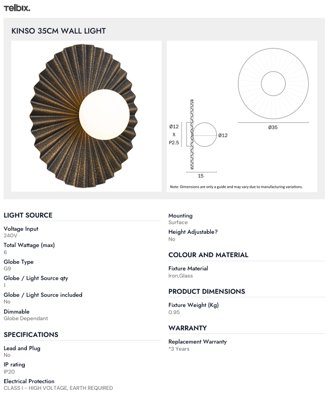Telbix KINSO 35CM WALL LIGHT
