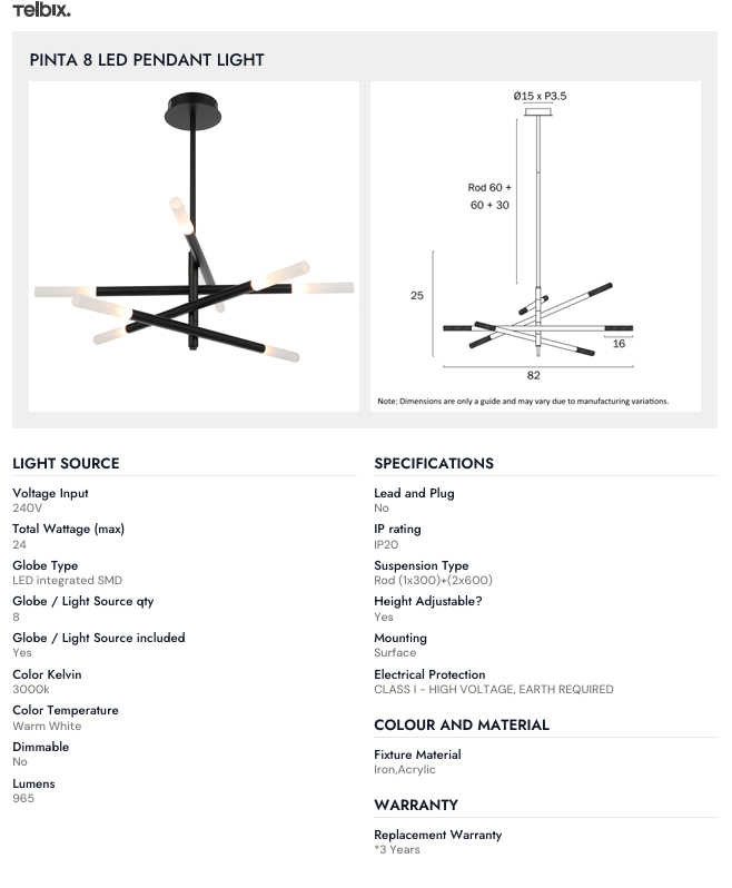 Telbix PINTA 8 LED PENDANT LIGHT