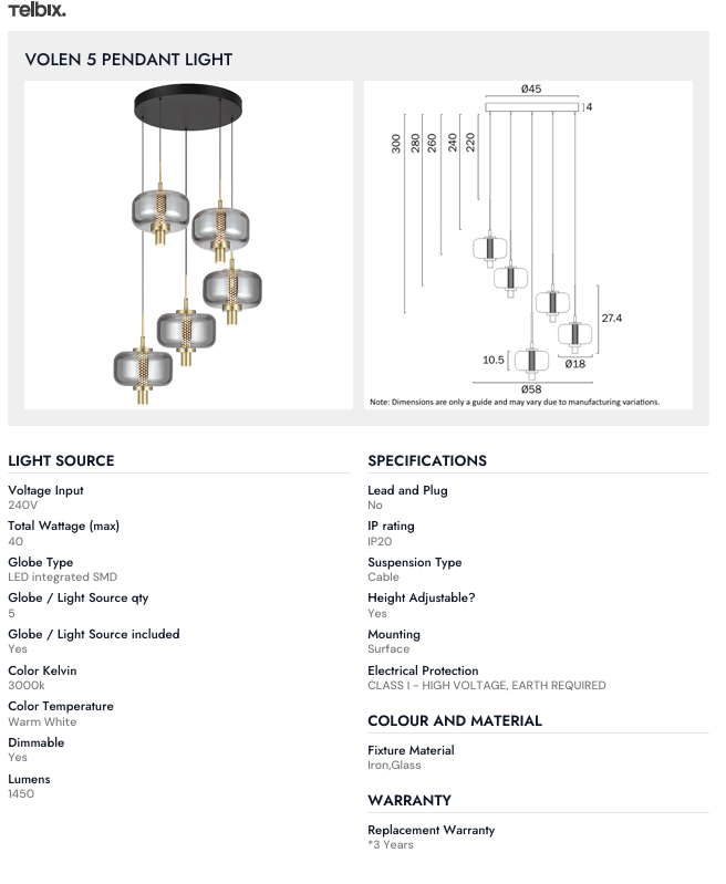 Telbix VOLEN 5 PENDANT LIGHT