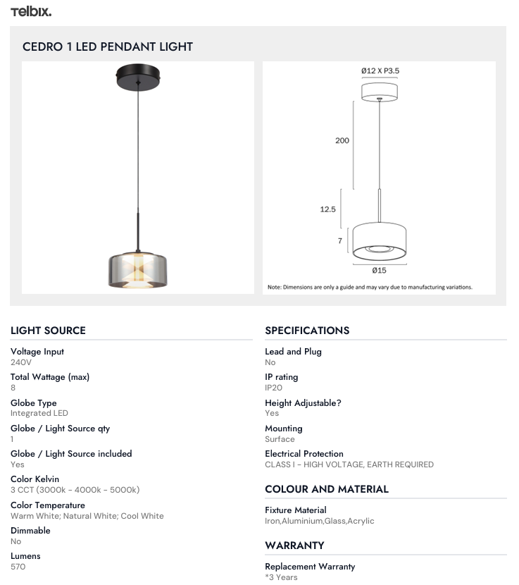 Telbix CEDRO 1 PENDANT LIGHT