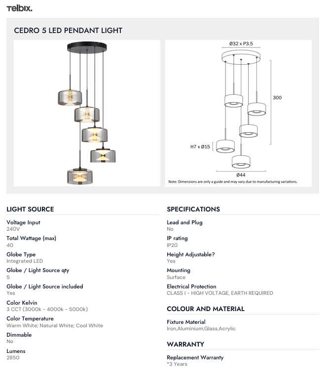Telbix CEDRO 5 PENDANT LIGHT