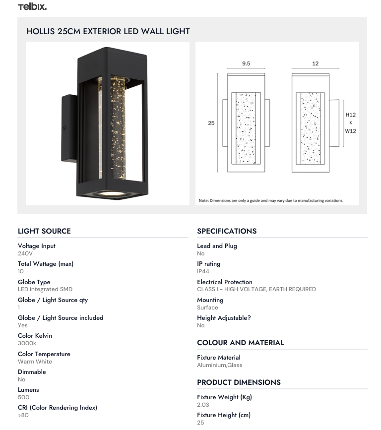 Telbix HOLLIS 25CM EXTERIOR LED WALL LIGHT