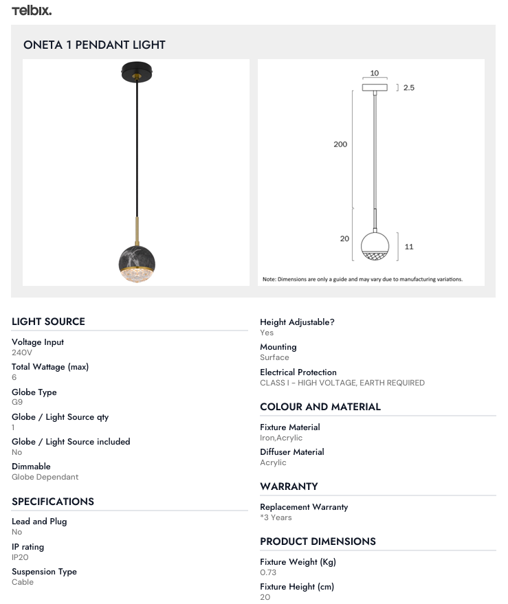 Telbix ONETA 1 PENDANT LIGHT
