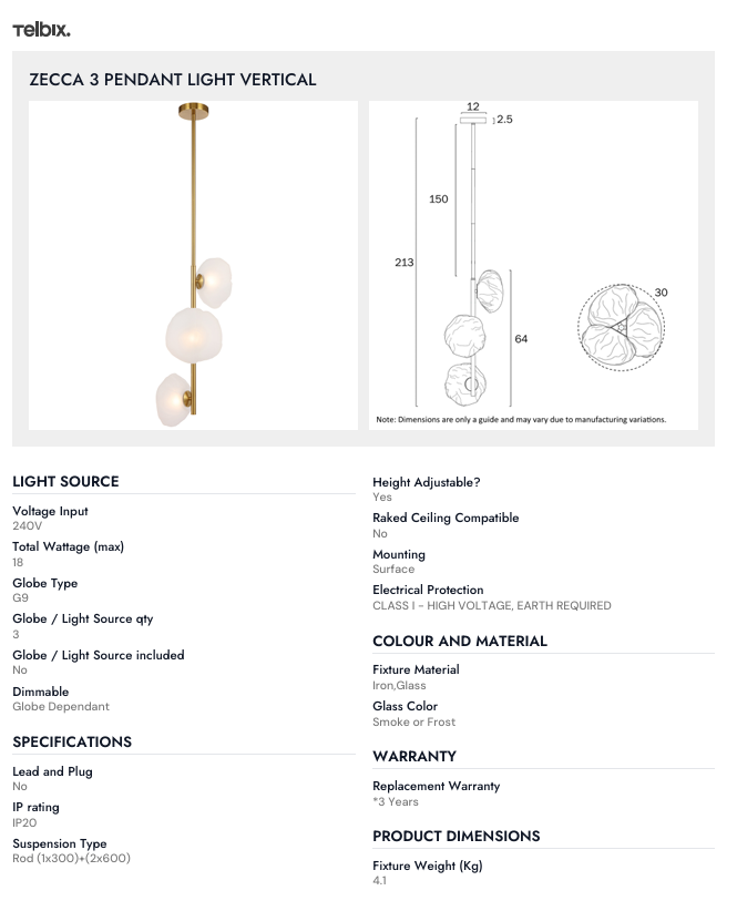 Telbix ZECCA 3 PENDANT LIGHT VERTICAL