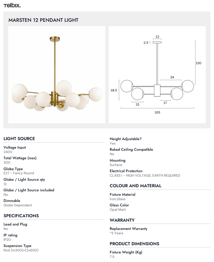 Telbix MARSTEN 12 PENDANT LIGHT