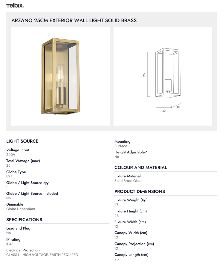Telbix ARZANO 25CM EXTERIOR WALL LIGHT SOLID BRASS