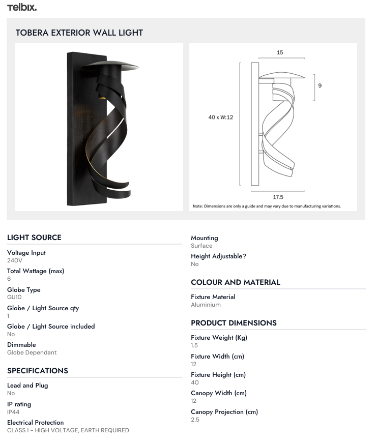 Telbix TOBERA EXTERIOR WALL LIGHT