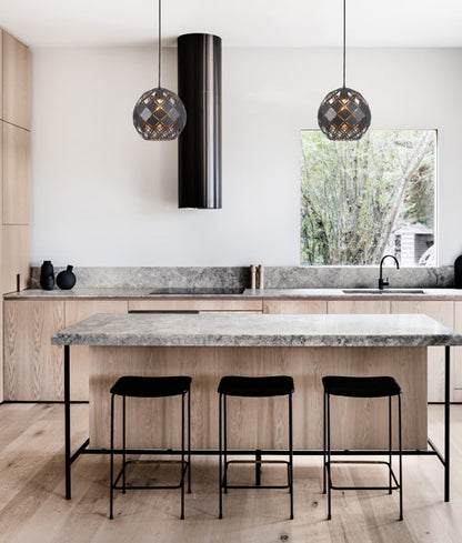 TUILE: Interior Large Embossed Tiled Iron Wine Glass Shape Pendant Lights application image - CLA Lighting