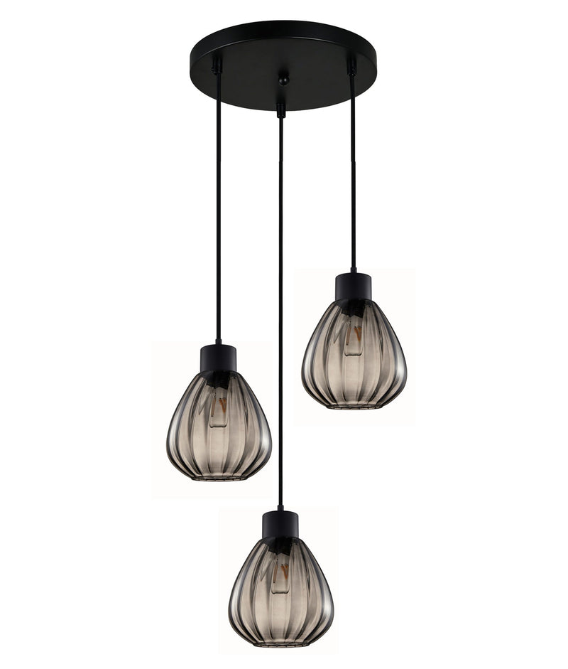 TULIP: Interior Bronze Amber / Smokey Black Wine Glass Ribbed Multiple Round Base Pendant Lights - Smokey Black - CLA Lighting