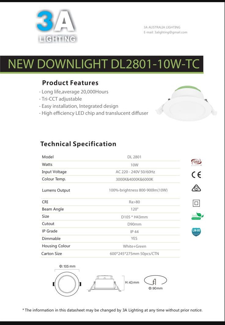 3A Lighting DL2801 10W Tri-CCT LED Downlight