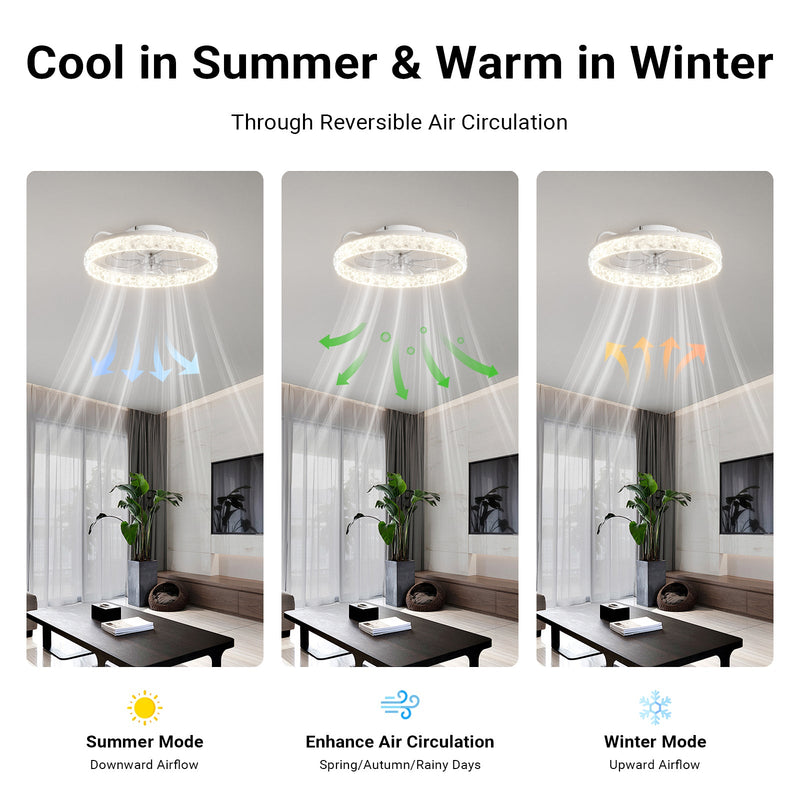 Flush Mount Ceiling Fan 50cm Crystal Light APP Remote White CF-FMW