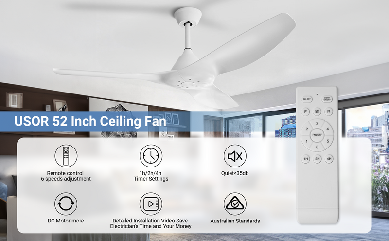 52'' Pure White Ceiling Fan Remote Reversible DC Motor Timer CF-5211