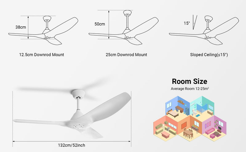 52'' Pure White Ceiling Fan Remote Reversible DC Motor Timer CF-5211