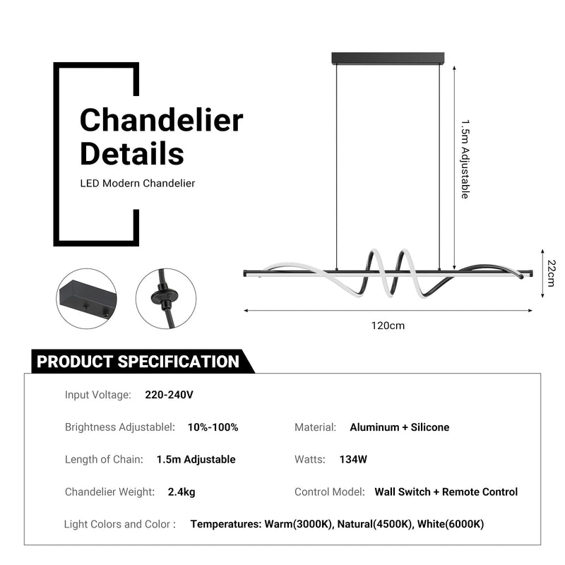 Linear LED Modern Wave Chandelier Black Dimmable Island Light CL-MW