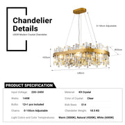 Modern Gold K9 Crystal Chandelier 12-Light Oval Pendant CL-ICCO