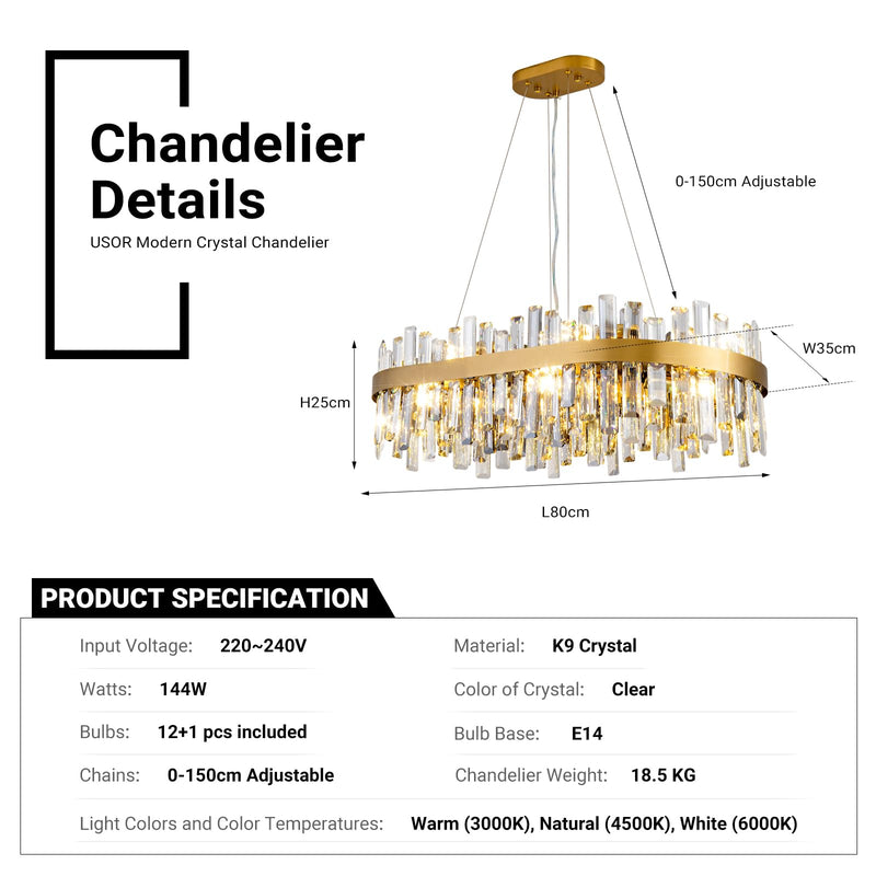 Modern Gold K9 Crystal Chandelier 12-Light Oval Pendant CL-ICCO