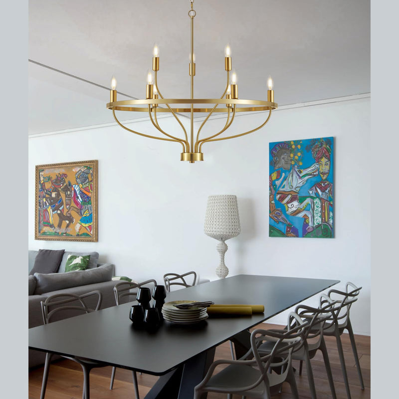 9 Lights Candle Chandelier Gold Farmhouse & Industrial Pendant CL-9HCCG