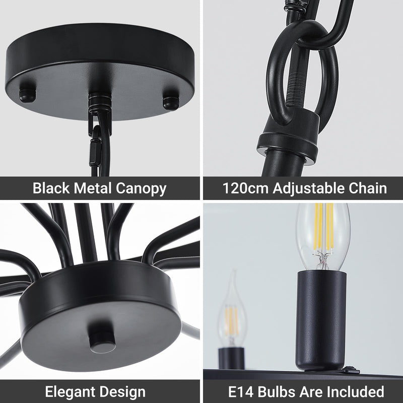 9 Lights Candle Chandelier Black Farmhouse & Industrial Pendant CL-9HCCB
