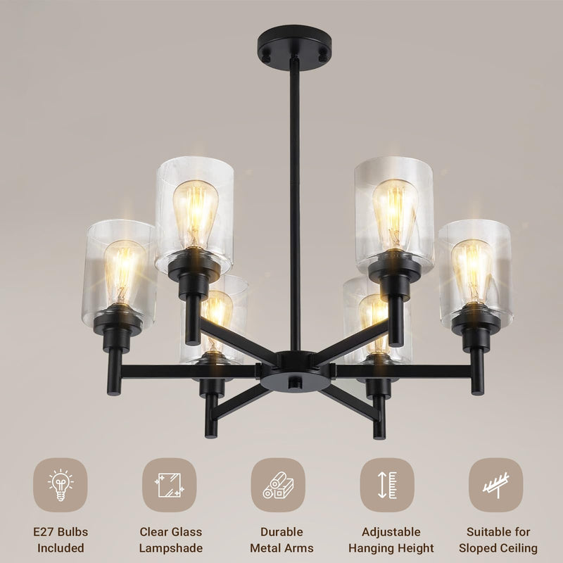 Modern Black 6-Light Glass Chandelier Industrial Farmhouse Ceiling Light CL-LGSC