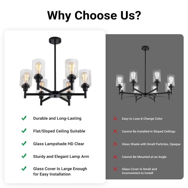 Modern Black 6-Light Glass Chandelier Industrial Farmhouse Ceiling Light CL-LGSC