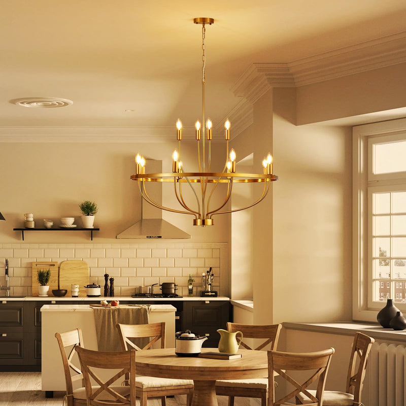12 Lights Candle Chandelier Gold Farmhouse & Industrial Pendant CL-12HCCG