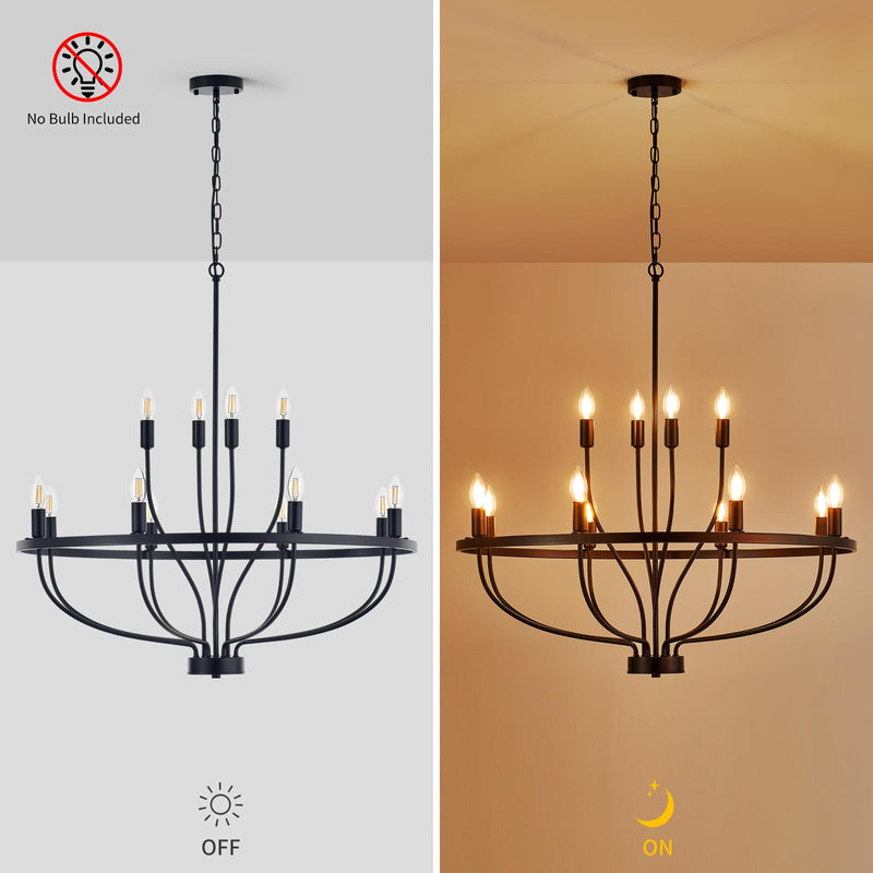12 Lights Candle Chandelier Black Farmhouse & Industrial Pendant CL-12HCCB