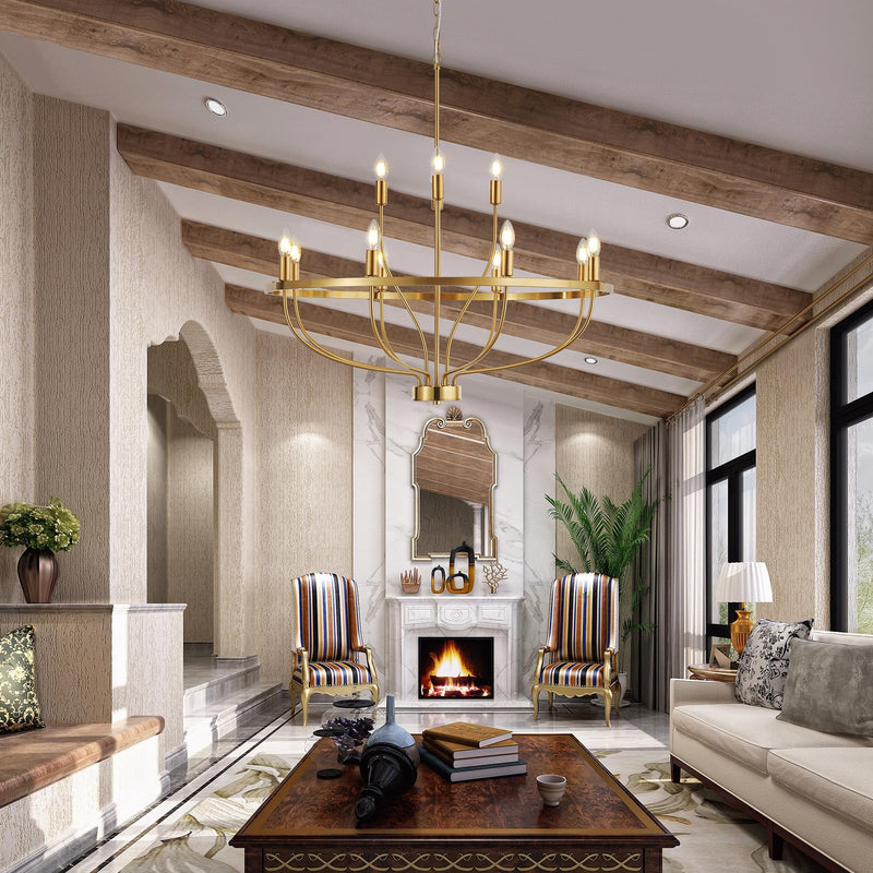12 Lights Candle Chandelier Gold Farmhouse & Industrial Pendant CL-12HCCG