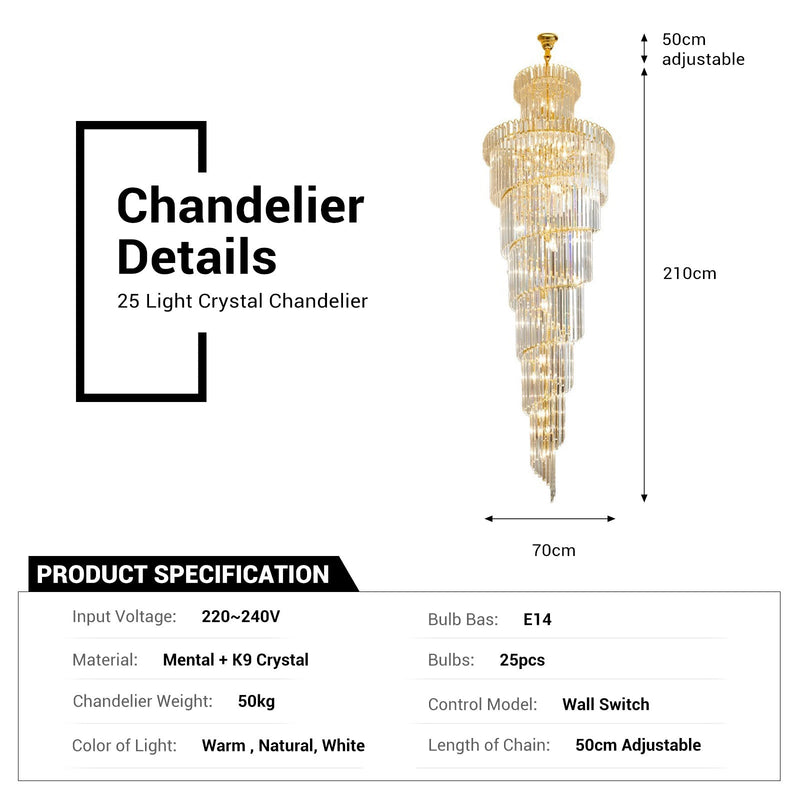 Crystal High Ceiling Chandelier Luxury Modern Spiral Light CL-LCAKE21