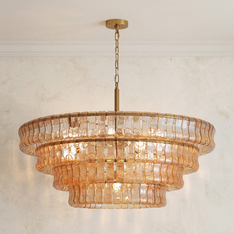 Large Gold Amber Glass Chandelier 18-Light Round Ceiling Pendant 4-Tier Fixture CL-LAC4