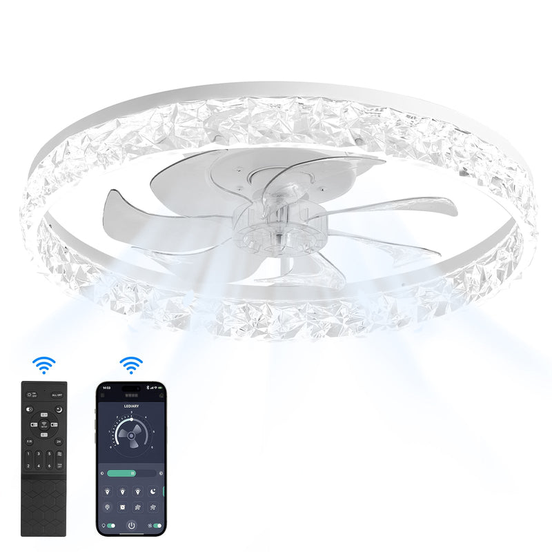 Flush Mount Ceiling Fan 50cm Crystal Light APP Remote White CF-FMW