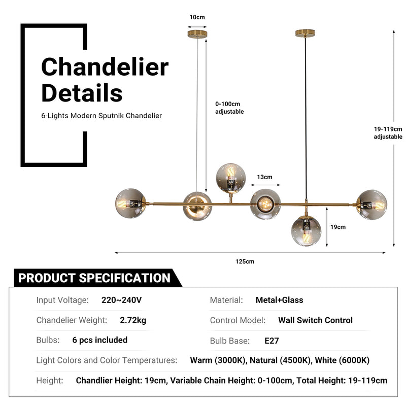 Modern Sputnik Chandelier 6-Light 125cm Smoke Cover Ceiling CL-SPC6